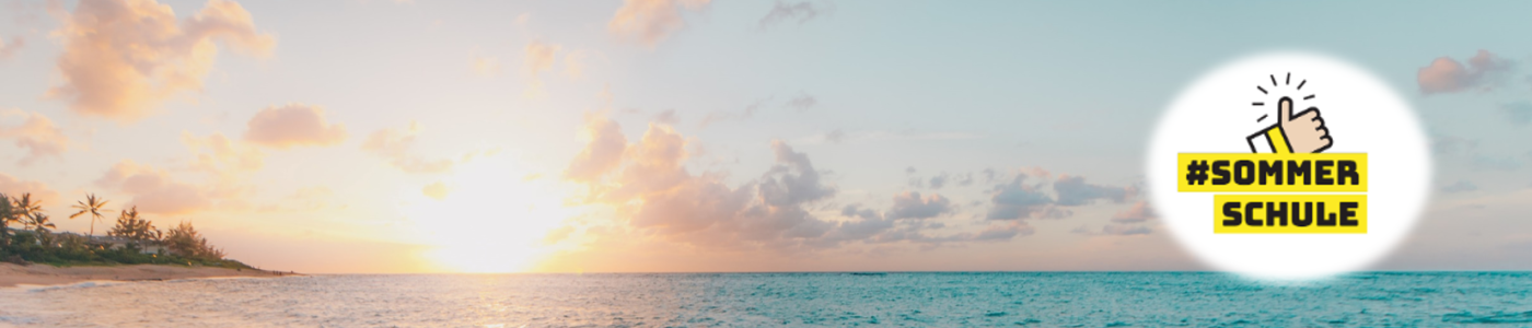 Sonnenuntergang am Meer, rechts das Logo der Sommerschule: Daumen hoch